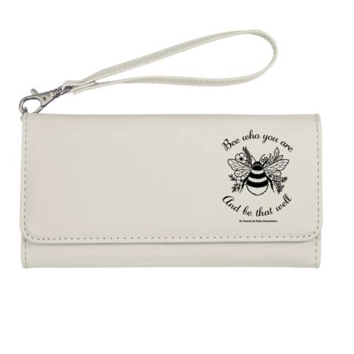 7 1/2" x 4" White Faux Leather Wallet with Strap